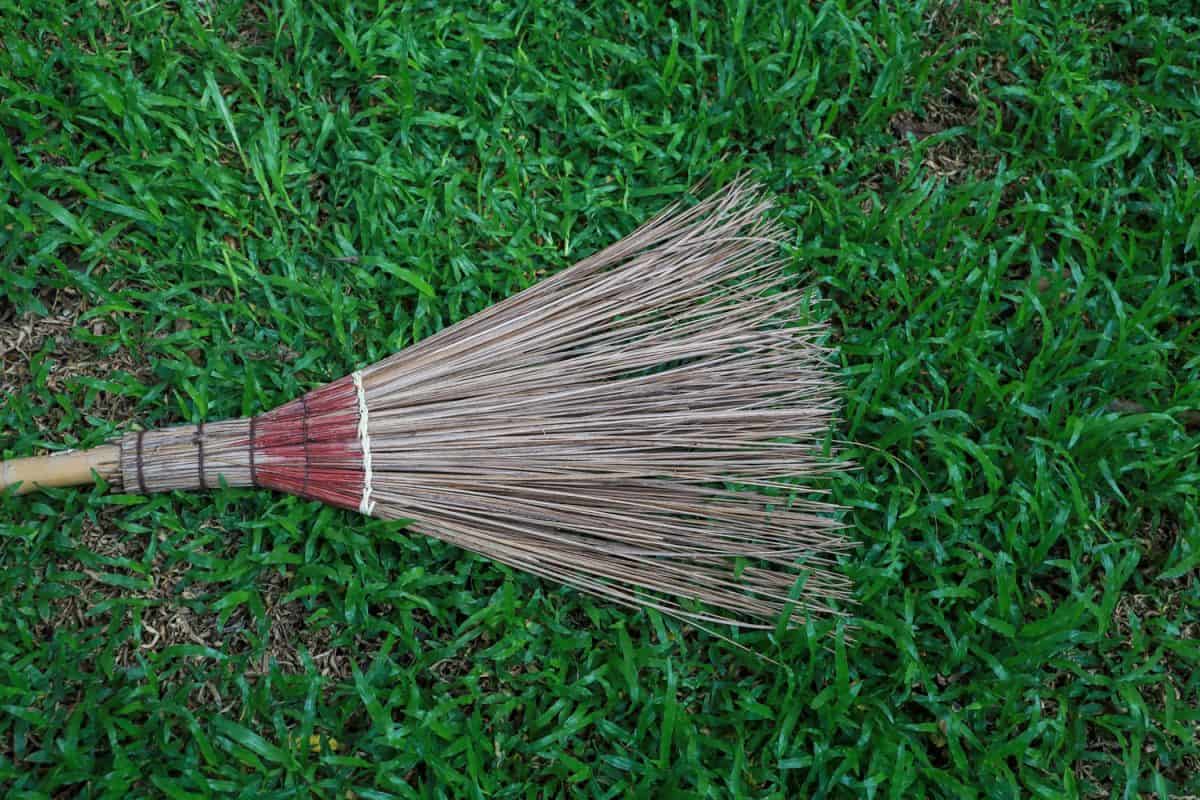 Broom for sweeping leaves on the green grass.

