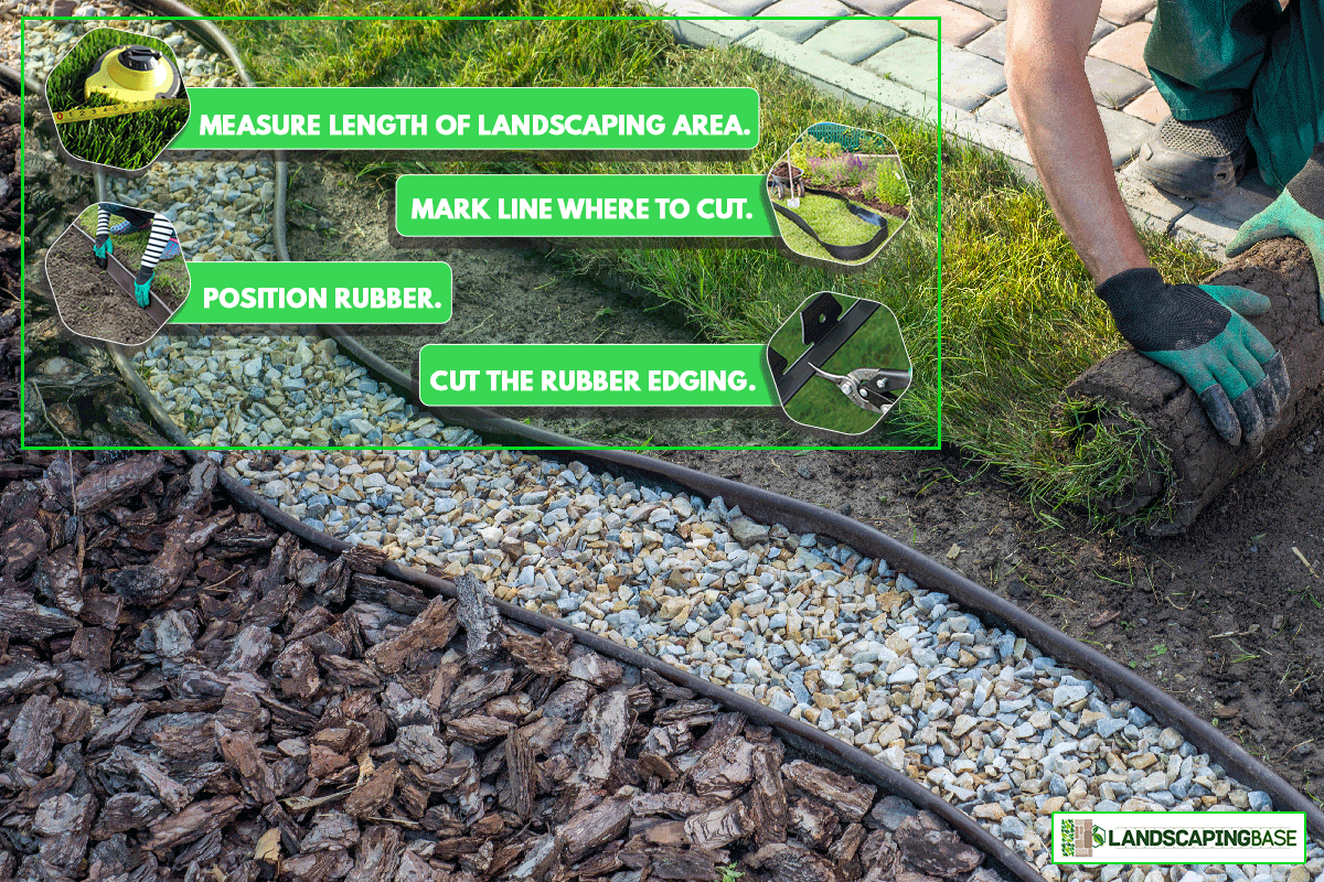 A landscape gardener laying turf near rubber edging border, Can You Cut Rubber Landscape Edging [And How To]?
