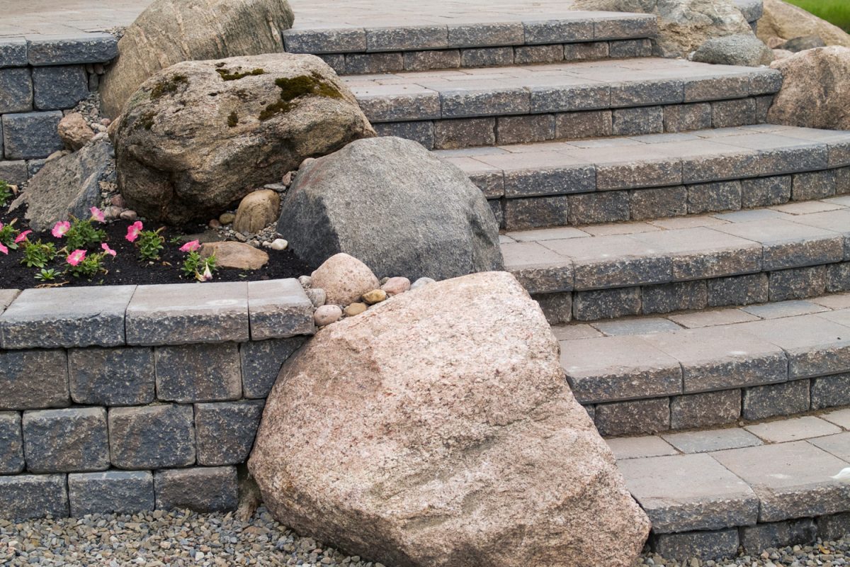 Details of a stone patio and steps.