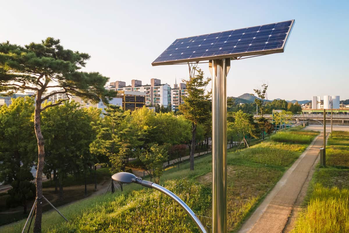Solar battery and lantern in park