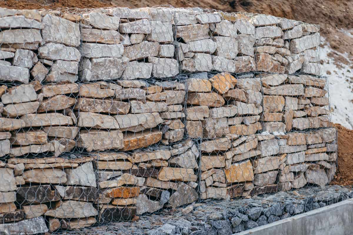 stone type retaining wall on the park, kinds of stones, pebbles, rock, well arranged