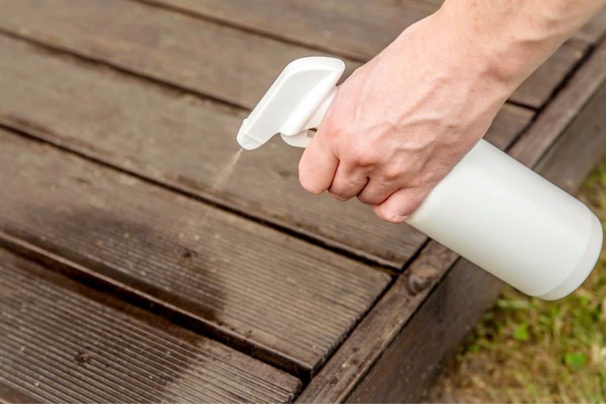 Homemade ant repellent spray mixture in bottle. Person hand spraying insect repellent on home terrace wood boards. — Photo