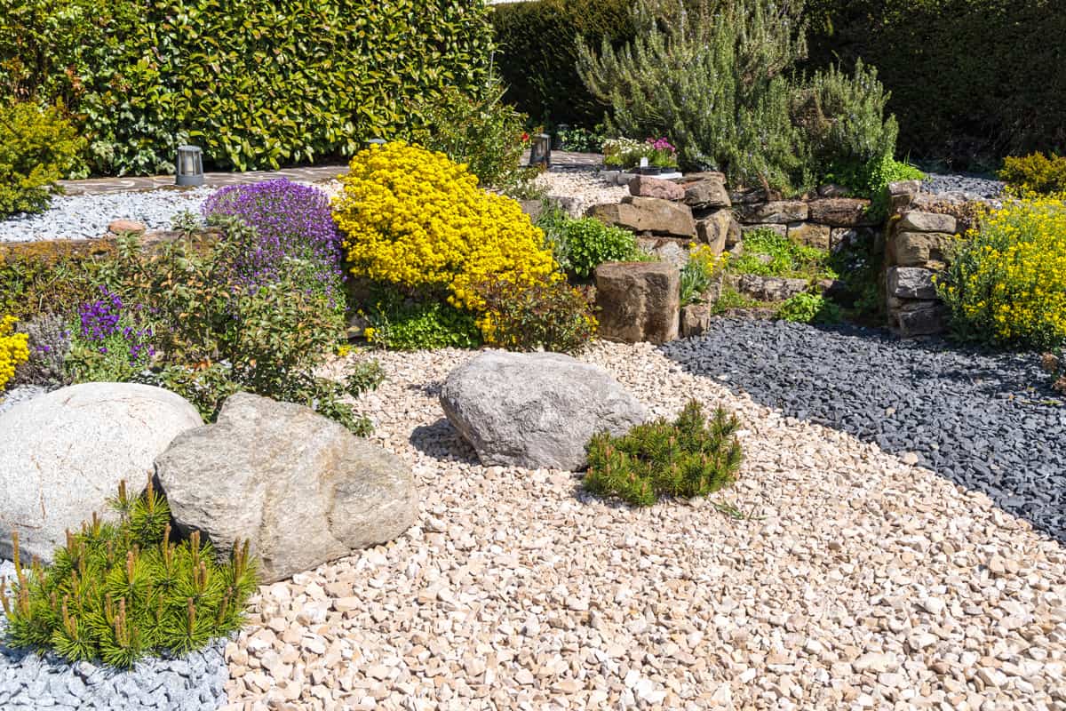 Beautifully-landscaped-ornamental-garden-with-ornamental-gravel-and-flowers
