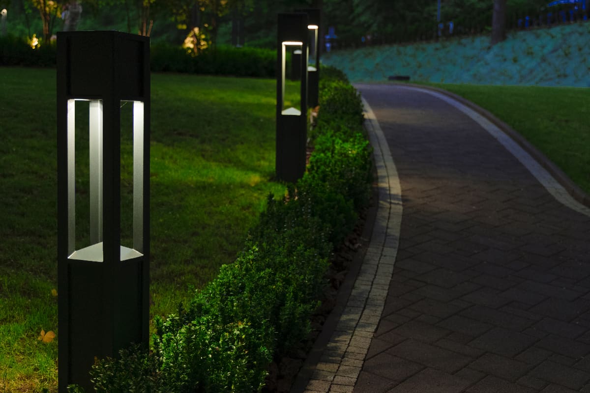 Evening square decorative lantern light on promenade area